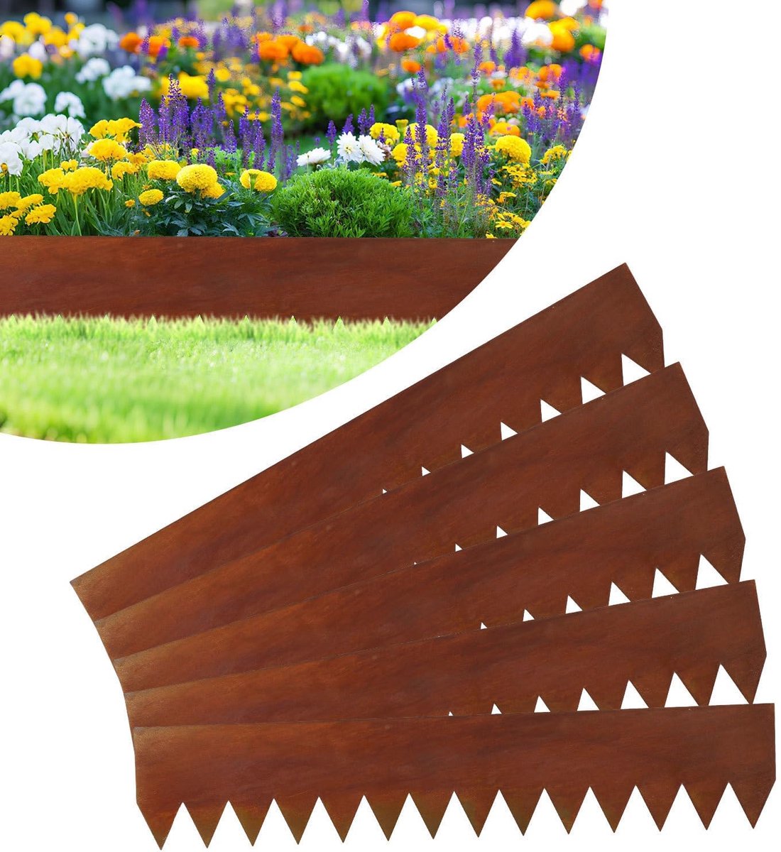 Metaal, 5 stuks, 1 m L x 20 cm H, gazonrandband roestlook met montagehandschoenen en schroeven, bedbegrenzing voor buitentuinen, gazons en meer (5 m lengte in totaal)