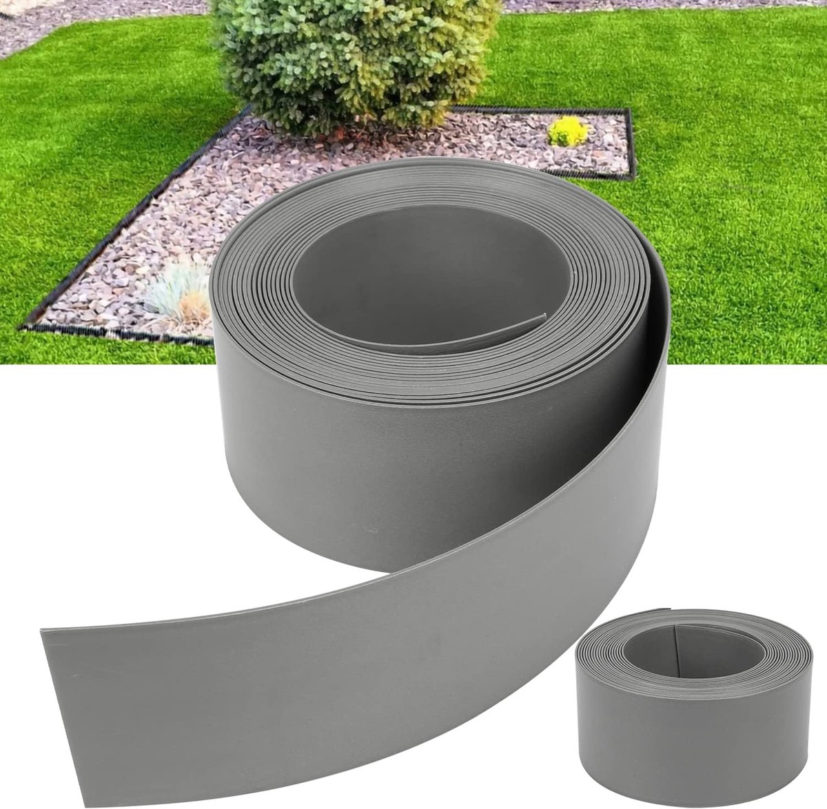 Kunststof, gemakkelijk te verwerken, gazonrandband van stevig plastic, uv- en weerbestendig, maairand voor bloembedden, gazonrand, onzichtbaar 10 m x 14 cm (l x h), grijs