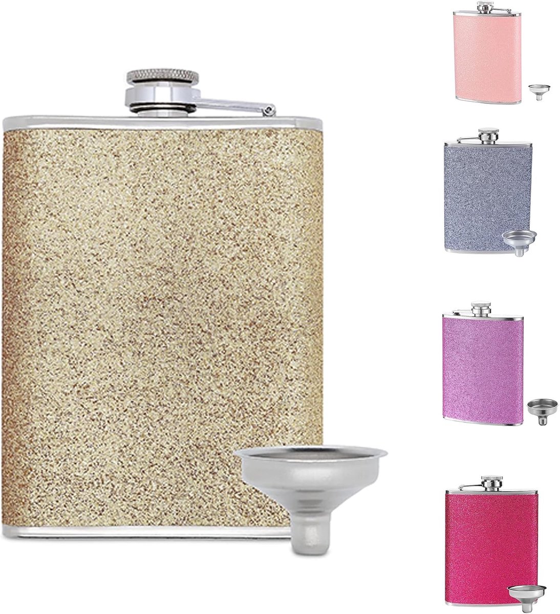 glitterkleurige mini heupfles met trechter voor wandelen, klimmen, kamperen, 235 ml