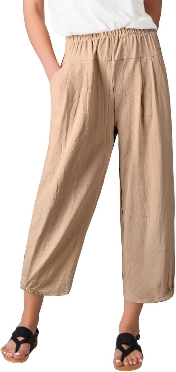 Casual Broek Zomer Katoen Linnen Bijgesneden Broek Brede Pijpen Losse Fit Elastische Taille Broek Harem Lounge Bottoms met Zakken
