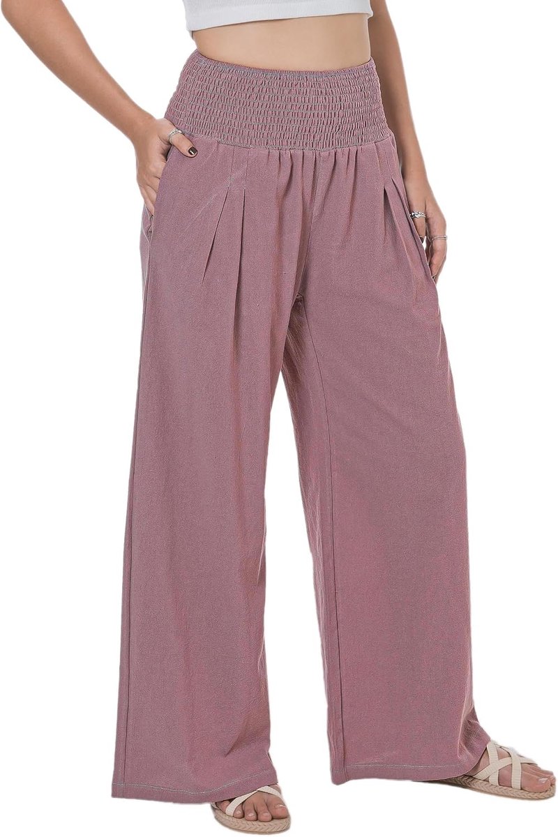 Palazzo Zomerbroek voor dames, vloeiend katoen, linnen, wijde broek, strand, hoge taille, boho, lange loungebroek met zakken