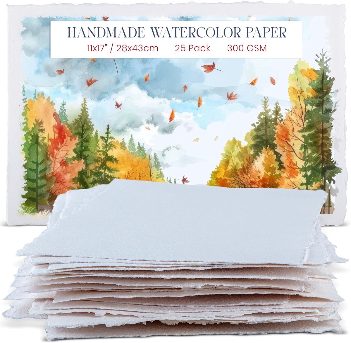 Dik Handgemaakt Waterverfpapier Met Scheprand – 28 × 43 cm – 300 GSM – Wit Koudgeperst Gemengd Mediapapier Van Gerecycled Katoen – 25 Vellen
