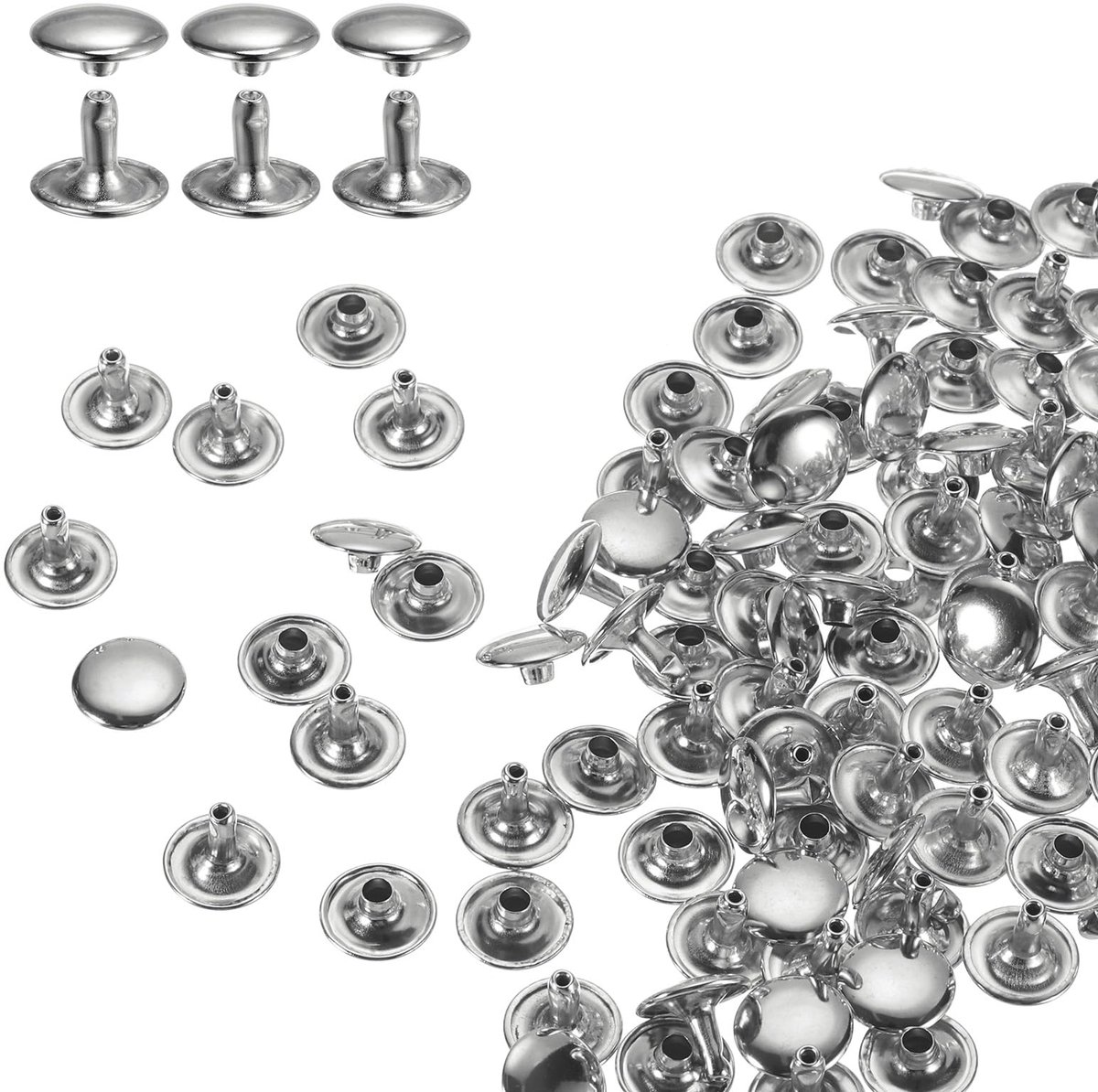 Set van 60 Nieten - Ronde Dubbele Kap Holle Nieten van Metaal - Voor Leer, Riemen, Kleding & Handwerk - Zilver 12x10mm