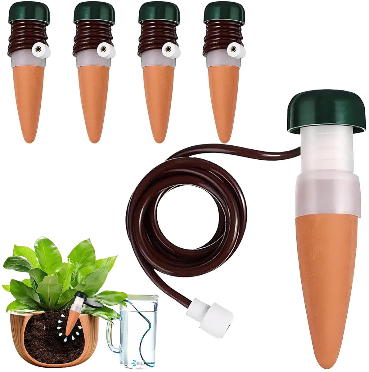 Irrigatie waterdispenser, plantenirrigator met slang, kleikegel voor irrigatie van bloemen, voor potplanten, balkon en kamerplanten (4 stuks)