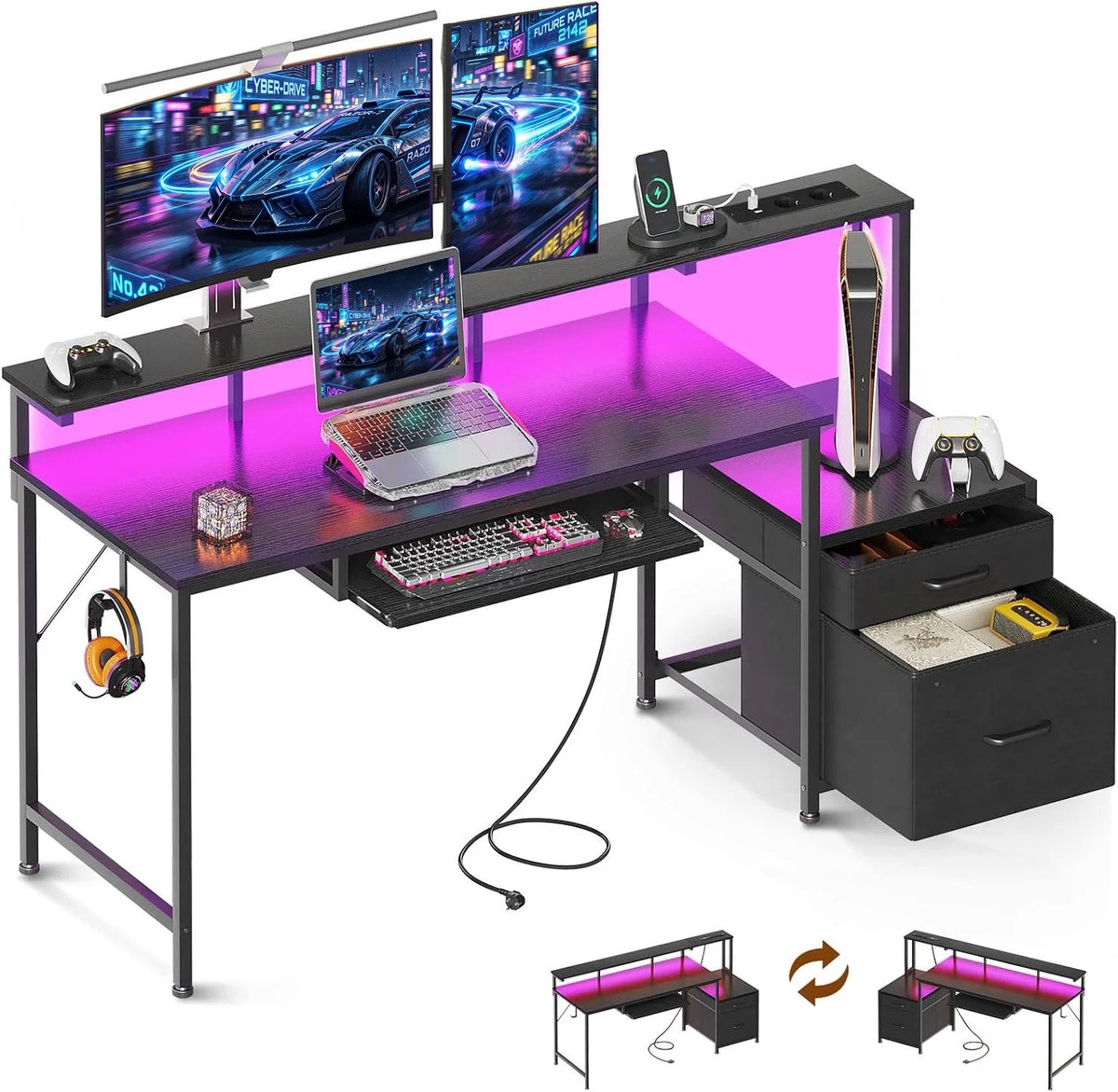 Gudalio Bureau - Computertafel - Computerbureau - LED - Stopcontact USB - Monitorstandaard - Lades - Bergruimte - 140×48 cm - Zwart