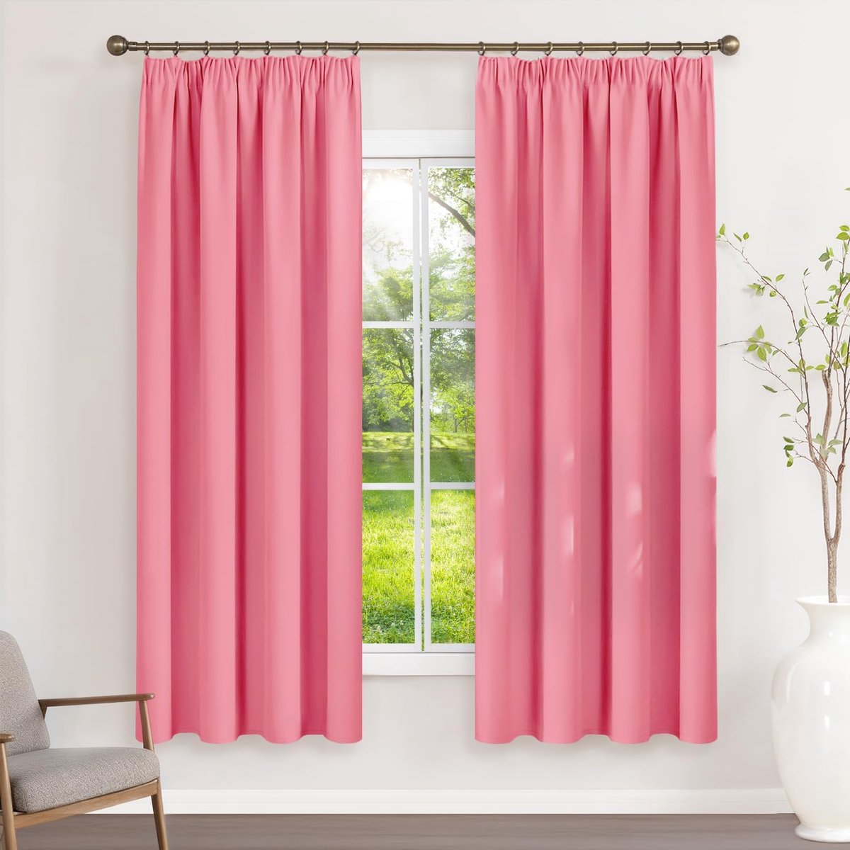 Gordijnen met plooiband, thermische gordijnen, koudebescherming, gordijnen, ondoorzichtig, 175 x 140 cm (h x b), roze, set van 2 verduisteringsgordijnen voor railsysteem, schuifgordijnen voor