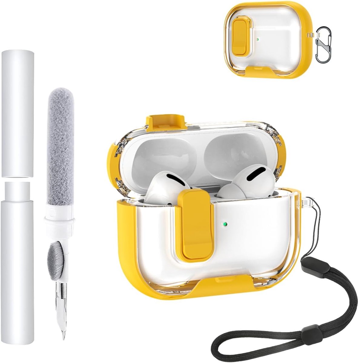 Hoes voor AirPods Pro 3/Pro3 oordopjes, zachte TPU + PC transparante cover, met beugelfunctie, waterdicht, schokbestendig, eenvoudig te dragen, met koord, sleutelhanger en reinigingsset, geel