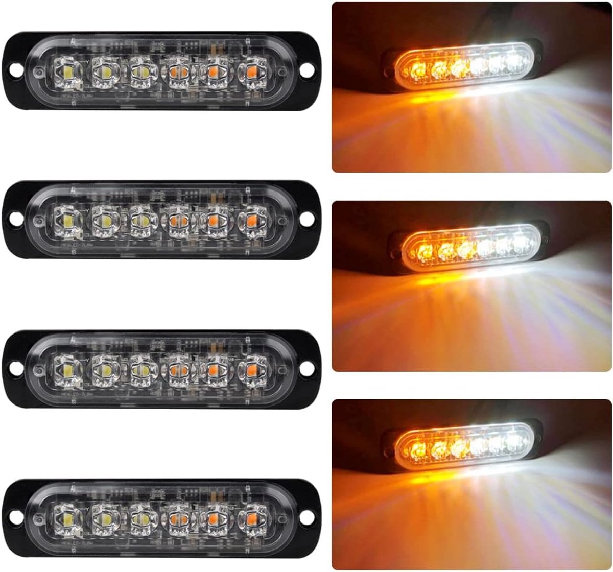 4x 6 LED-noodwaarschuwingslichten amber en wit knipperend gevarenflitslicht, baken bij pech, universele lichtbalk voor 12-24V, auto, vrachtwagen, aanhangwagen, caravan