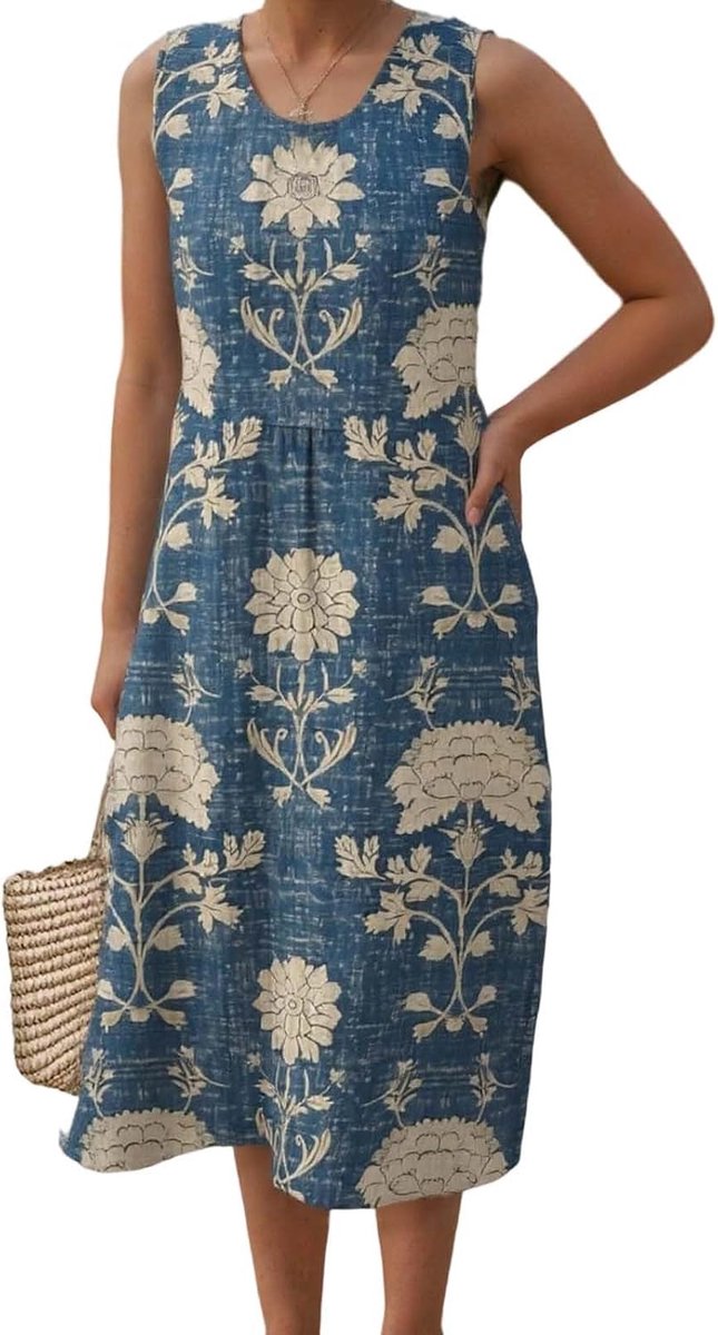 Sommerkleid Damen Elegant Ärmellos Rundhals Musselin Kleid Strandkleid Leicht Und Luftig Leinenkleider Sommer Falten Blumenmuster Kleider Locker Boho Midikleid mit Taschen Blumenkleid Freizeitkleid