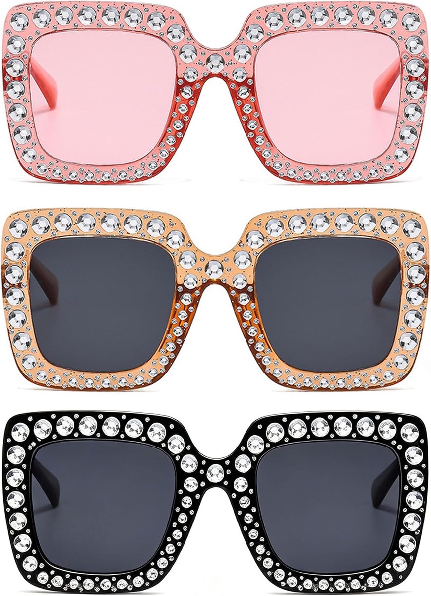 Brillen met strass, dik vierkant montuur en getinte glazen, discobril voor feestjes en festivals, hippie vintage jaren 70 en 80 bril voor dames en heren
