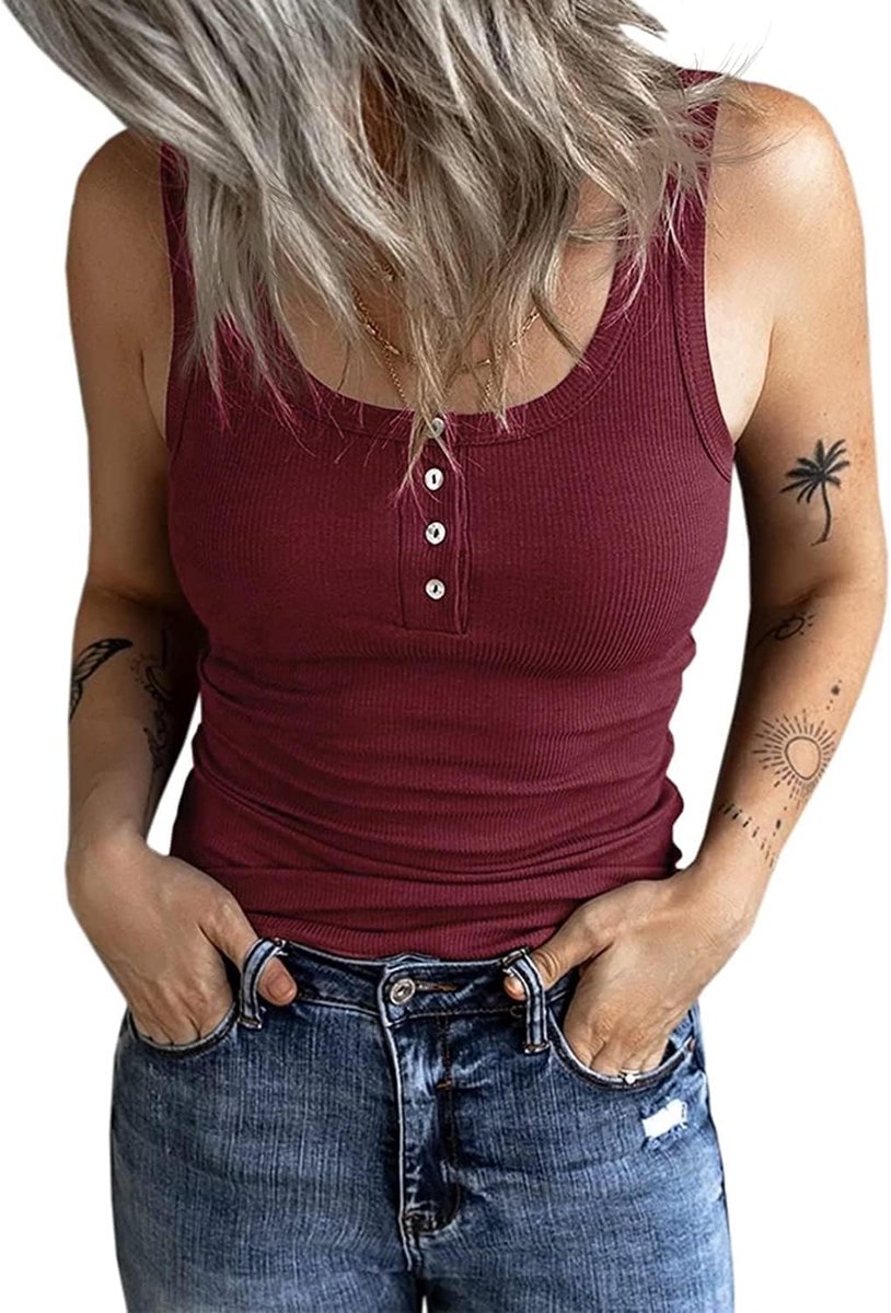 Damestop, slimfit, bovenstuk met knopen, geribbeld, mouwloos, tanktop, casual