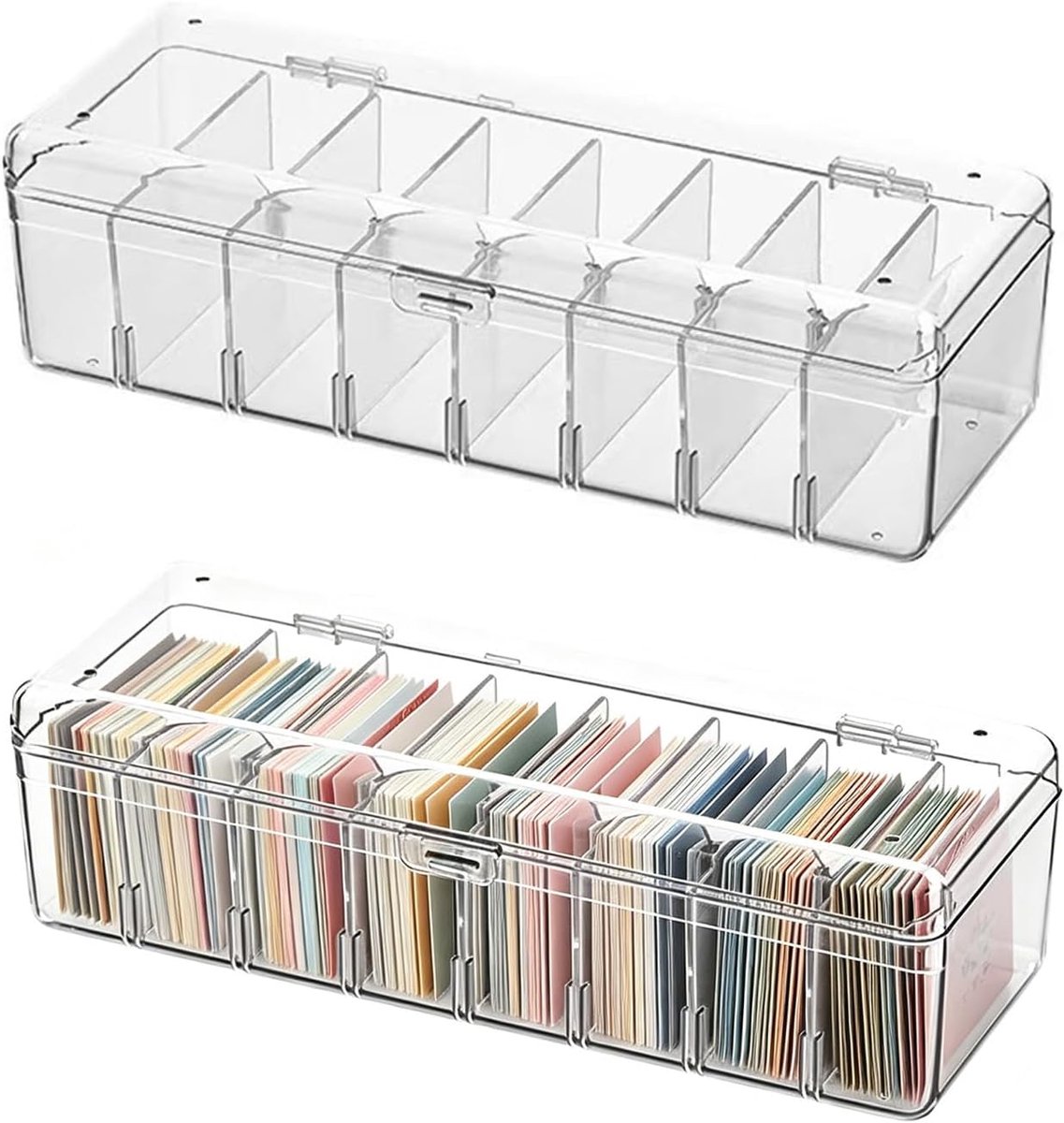 Set van 2 transparante opbergdozen met verwijderbare scheidingswanden - 24,8 x 10 x 7,5 cm - 8 compartimenten - Voor leerkaarten en visitekaartjes