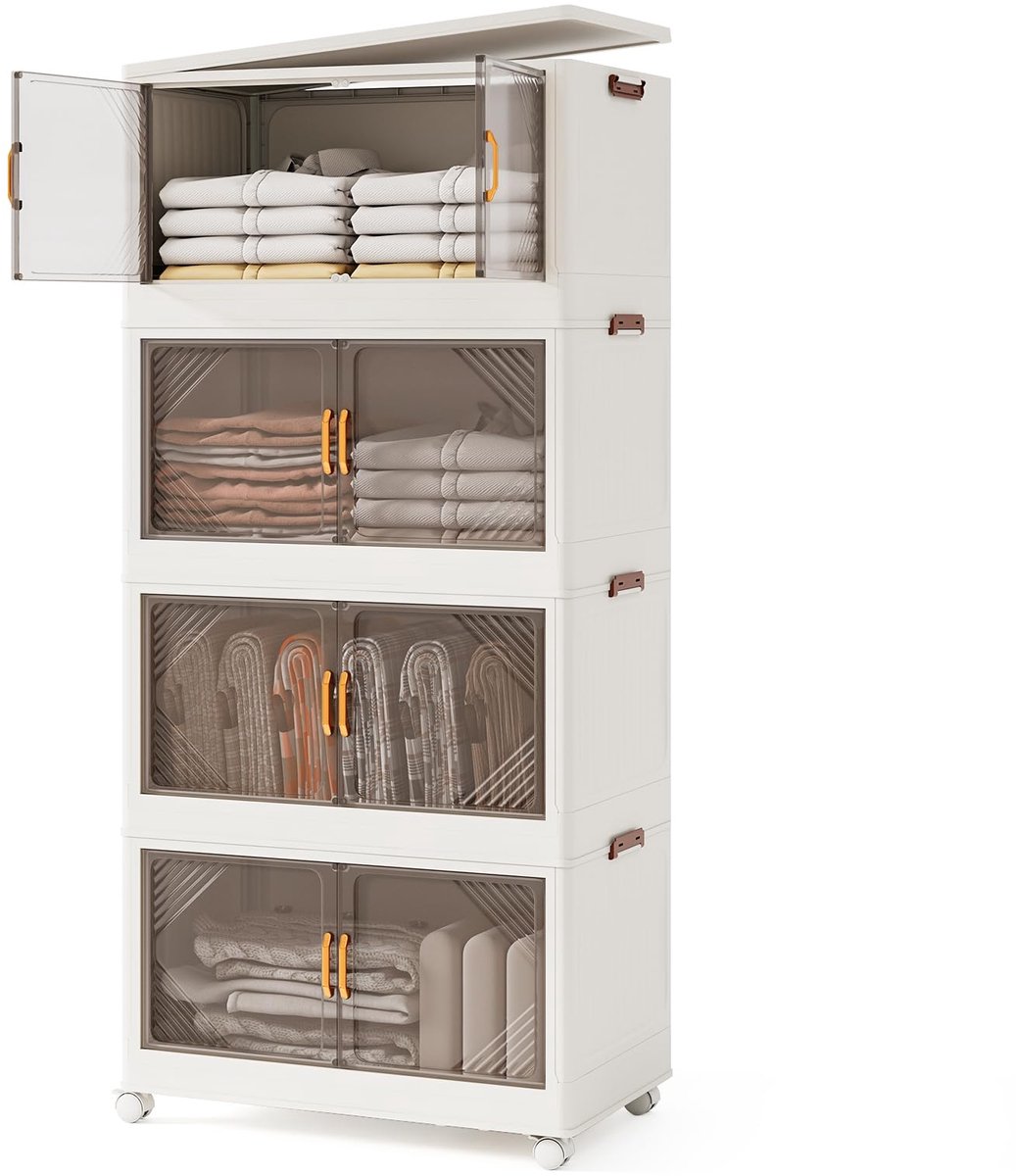 COSTWAY 284L Opbergdozen met Deksel Stapelbare Opbergcontainers met Wielen en Deuren