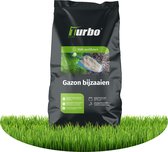 Zwarte zak met turbogrün logo, voor gazon zaaien, met afbeelding van gras en schep. Geschikt voor april-oktober.