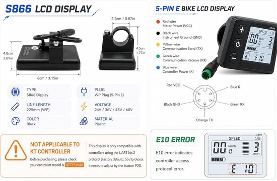 Elektrische fiets S866 LCD-schermmeter, ABS 24V 36V 48V waterdicht fietsbedieningspaneel met SM-stekkers Fietscomputers LCD-scherm — afbeelding 3