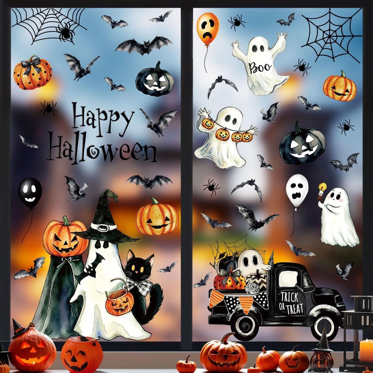 Set van 9 Halloween-stickers met 52 motieven, dubbelzijdige stickers, herbruikbaar, statische decoratie voor ramen, deuren en feestjes