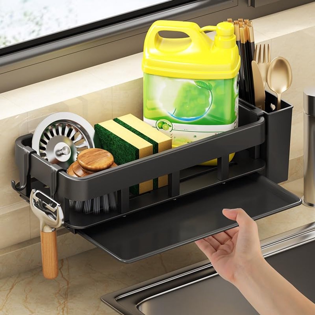 Famanu – Spoelbakorganizer, zwart, keukengootsteenorganizer, sponshouder met afwasborstelhouder en theedoekhouder, hangend met afneembare lekbak zonder boren, voor keukens, werkbladen, wandmontage