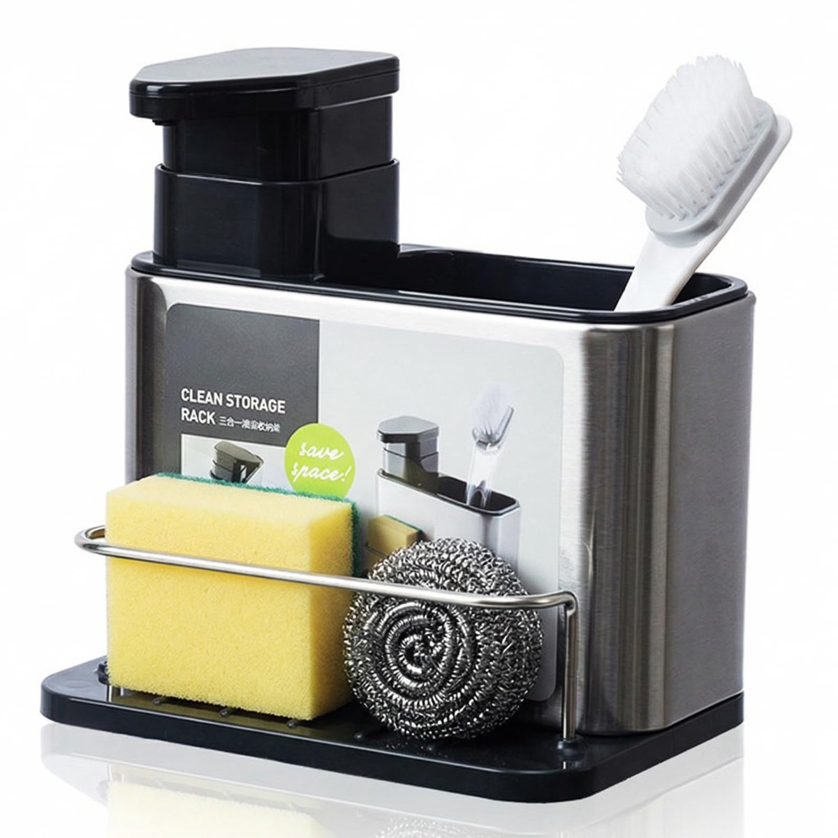 Famanu – Spoelbakorganizer met afwasmiddeldispenser, 3-in-1 roestvrijstalen zeepdispenser met sponshouder en lekbak, keukenorganizer, spoelbak voor sponzen, borstels en afwasmiddelen