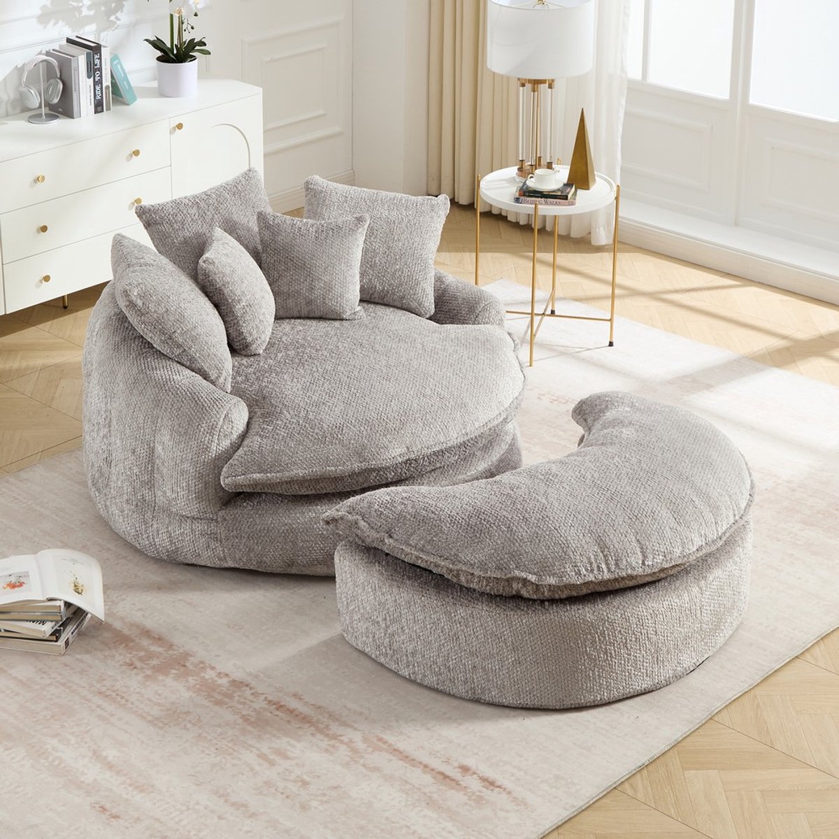 KOMHTOM 55 inch lange fauteuil van polyesterschuim, extra grote ronde stoel, zachte moderne slaapbank, geschikt voor de woonkamer, lounge en filmzaal, brede fauteuil met verstelbare rugleuning, inclusief kussen Lichtgrijs