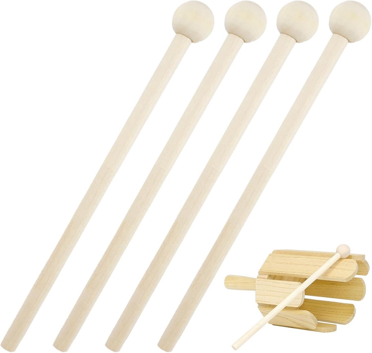 4 stuks houten stokken, mallet drumsticks, houten stokjes marimba, voor kinderen en volwassenen, voor schoolmuziek en thuisgebruik, 15 cm lang, natuurlijk hout