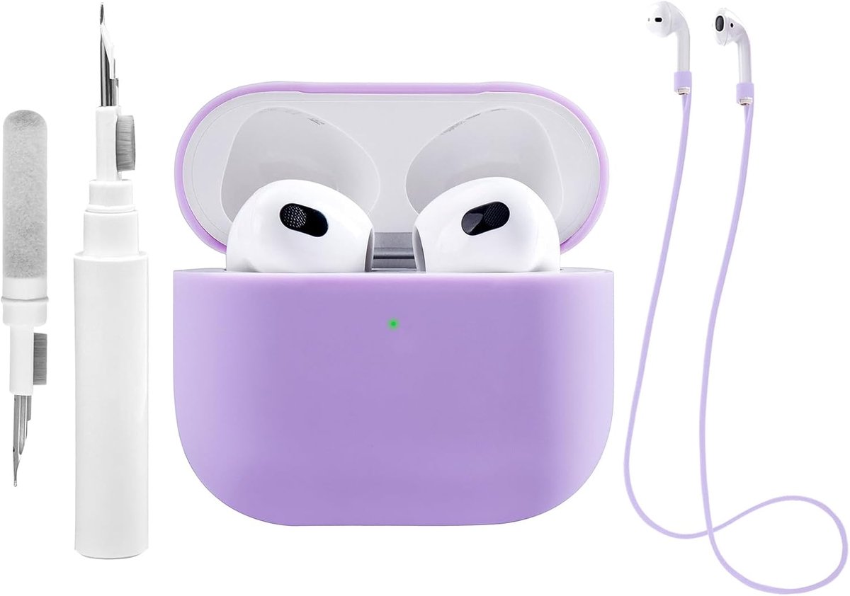 Siliconen Hoesje Compatibel met Airpods 3 met Reinigingsset, Beschermhoesje Compatibel met Apple Airpods 3 met Sportband, Zachte Hoes (Paars)