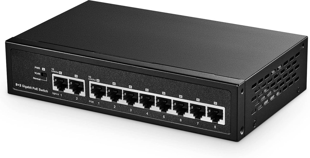 10-poorts Gigabit POE-switch, 8 POE+ poorten 1000 Mbps, 2 Gigabit uplink, IEEE802.3af/at, 120W interne voeding, metalen behuizing, onbeheerde plug and play
