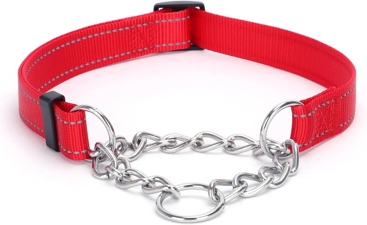 Halsband, roestvrij stalen ketting, martingaalhalsband met reflecterend, verstelbaar, voor middelgrote en grote honden (rood, L)