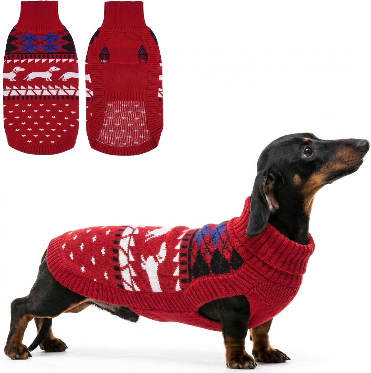 Hondentrui voor teckel, gebreide trui met teckelpatroon, warme hondentrui, rolkraag, wintertrui voor middelgrote honden, rood, M