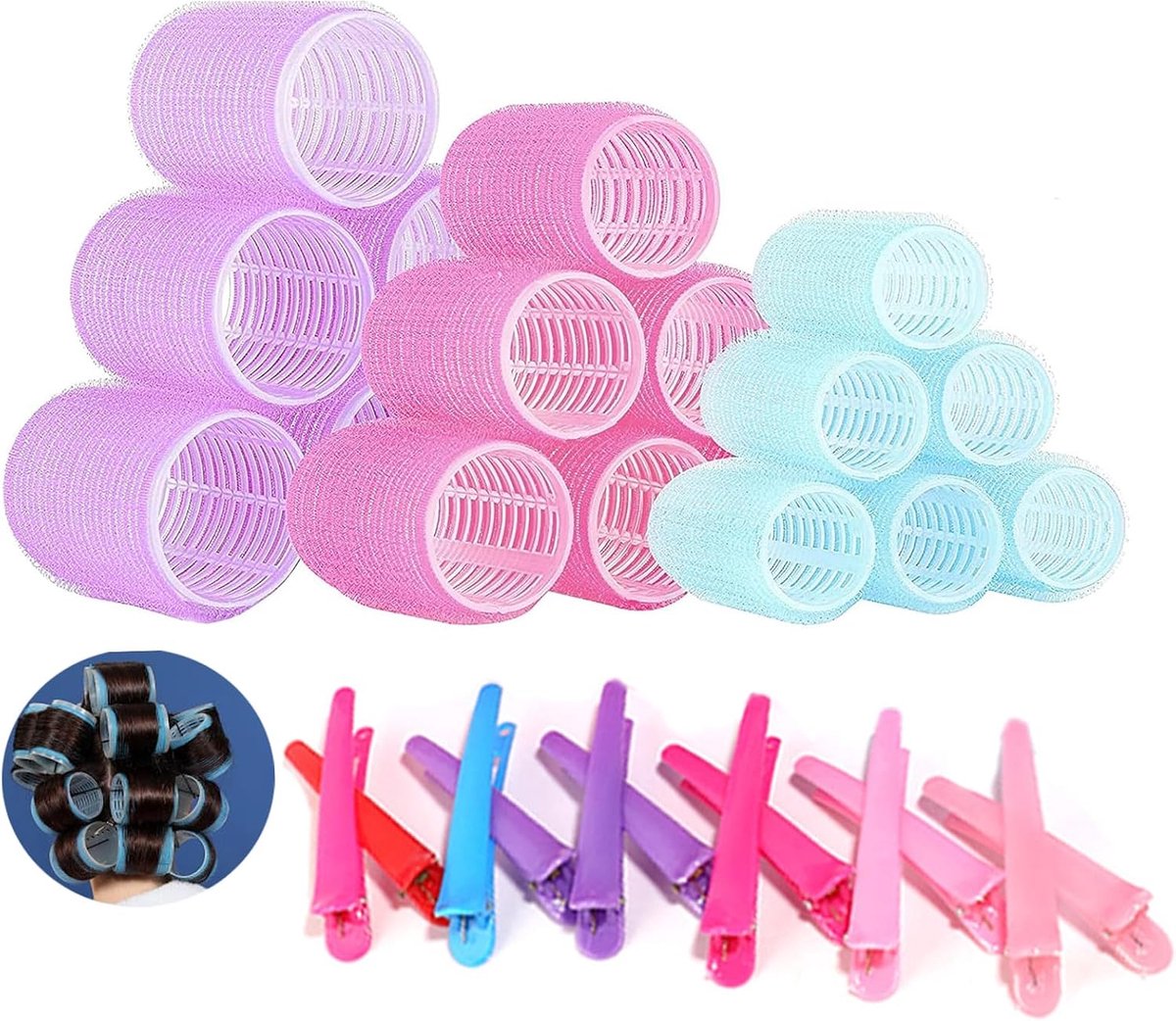 Krulspelden met klittenband, 30 stuks, zonder hitte, 18 stuks haarrollers, 12 stuks clips (60 mm, 48 mm, 36 mm) voor lang, kort haar