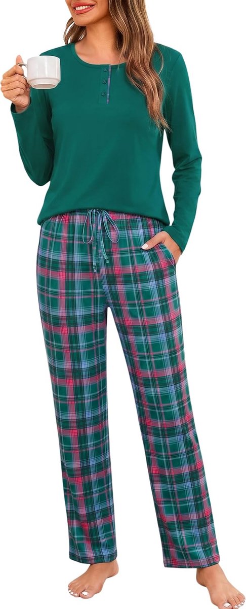 Henley-hals, geruite pyjamaset, nachtkleding met