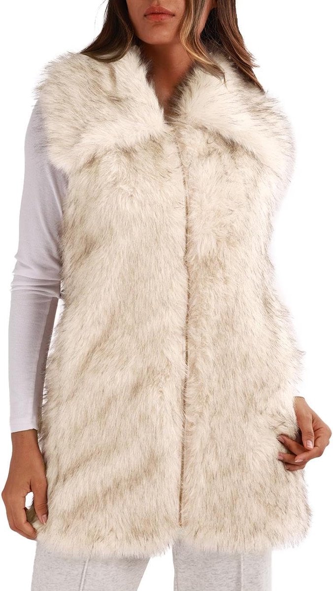 Bontvest voor dames, bontjas, lange bontjas, bontmantel, kunstbont, jas, winter, mouwloos, pluche mantel, kunstbont, vesten, damesvesten met zakken en ritssluiting