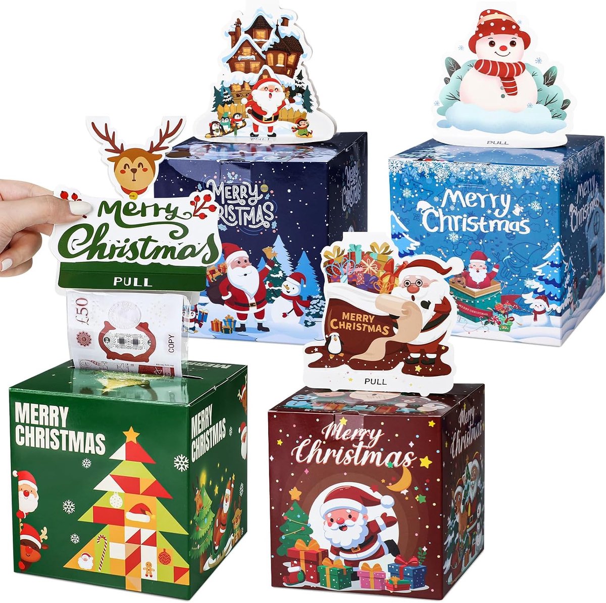 4Stuks Kerst Spaarpot voor Contant Geld Uittrekbare Geschenkdoos Cadeau voor Kinderen Vrienden Verrassingsdoos voor Kerstmis Doe-Het-Zelf Kerstcadeau Verrassingsbox met 160 Transparante Zakjes