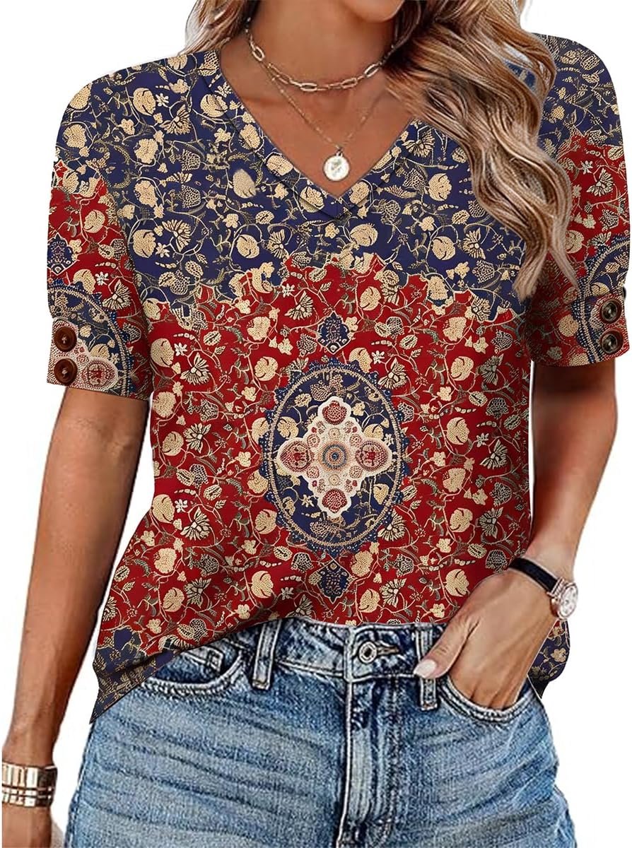 Dames V-hals knoopsluiting T-shirt tuniek korte mouwen top zomer bovenstuk elegant casual (meerkleurig, S-XXL)