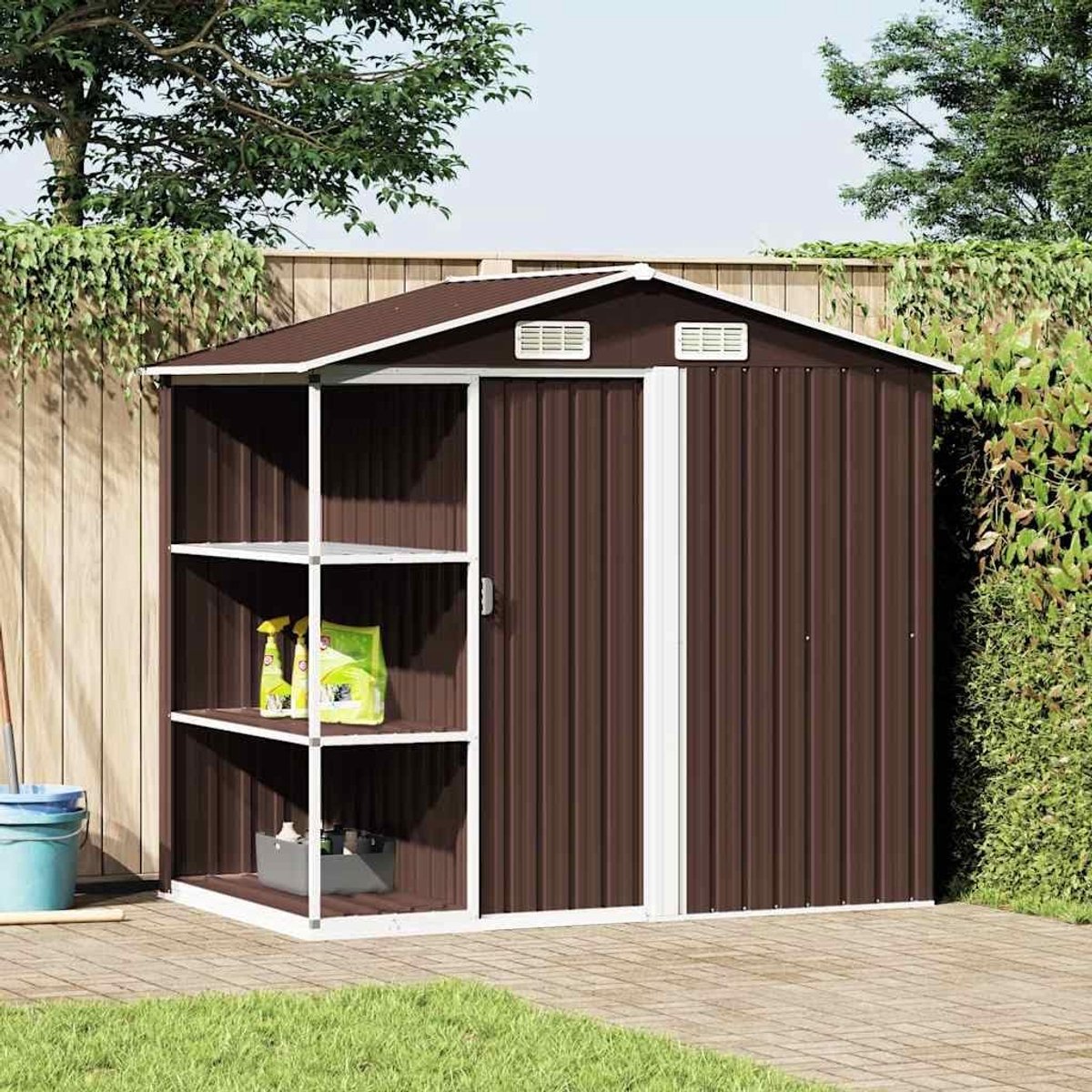 Tuinhuis met plank bruin 205x130x183 cm ijzer