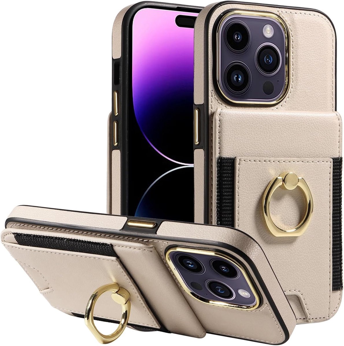 Hoes voor mobiele telefoon voor iPhone 15 Pro, portemonnee-hoes, PU-leren hoes met kaartenvak, leren hoes, portefeuille, met 360 graden ringstandaard, klaphoes, kaartenvak, flip cover, beige