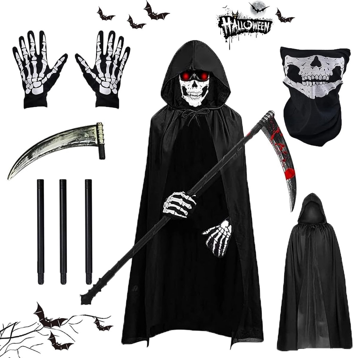 kostuum, Halloween-cape met capuchon, met schedelmasker, sense, skelethandschoenen, halloweenkostuum voor volwassenen, Magere man, cape met capuchon, voor Halloween-decoratie,