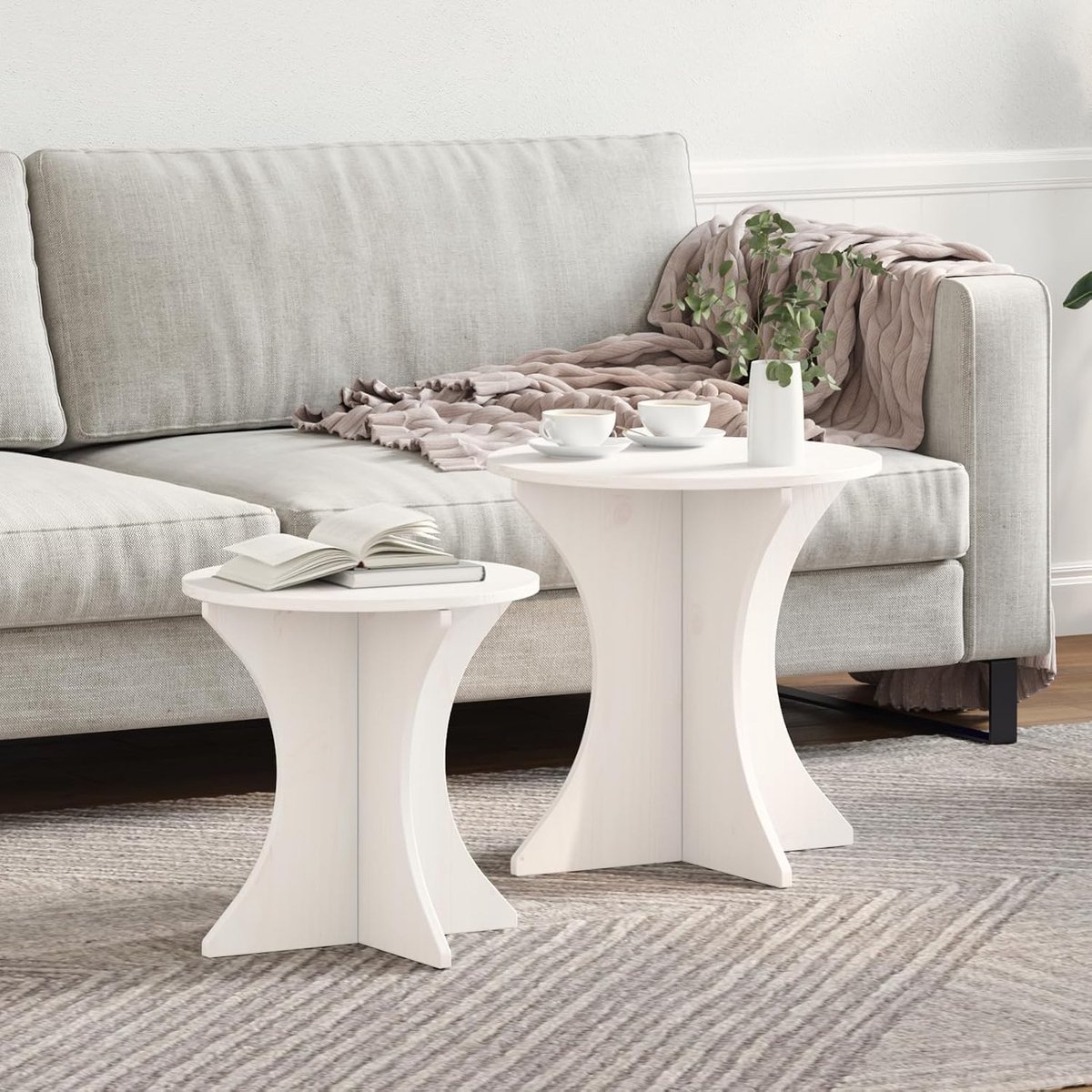 Koffietafelset, 2 stuks, wit, 46 x 46 x 47 cm, massief grenen, bijzettafel, koffietafel, banktafel, bijzettafel, voor kleine woningen, slaapkamer, kantoor, 873566