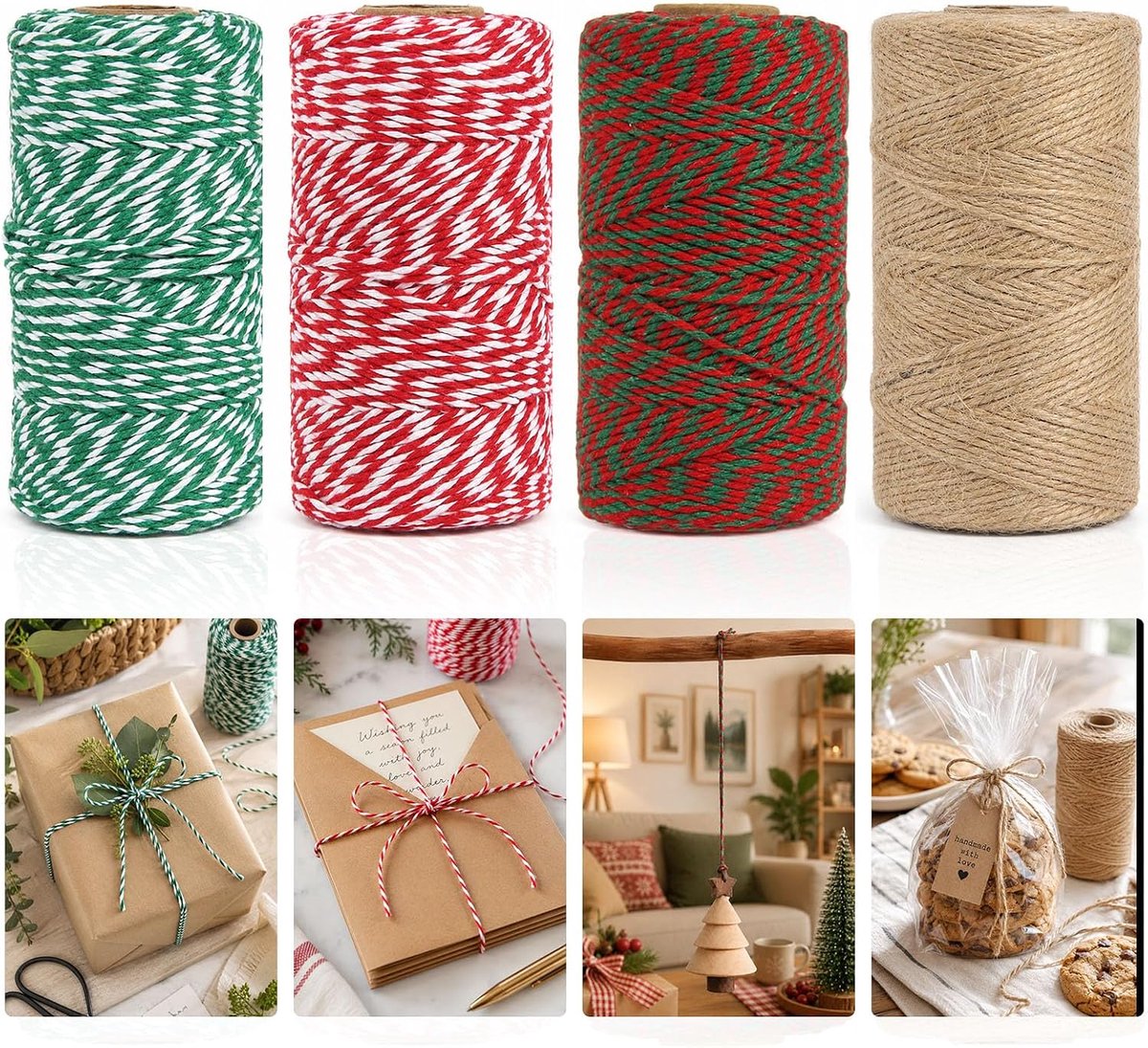 4 stuks katoenen koord, 100 m, 2 mm, cadeaukoord, rood, wit, groen, katoenen koord, jute koord, wikkeltouw, koord voor doe-het-zelf kunsthandel, geschenken, verpakking, decoratie