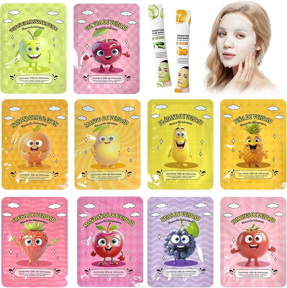 Maskers set, met hyaluronzuur en vitamine C, fruitextract, dagelijkse verzorging gezichtsmaskers, ophelderen voor alle huidtypen, tienermeisjes en vrouwen