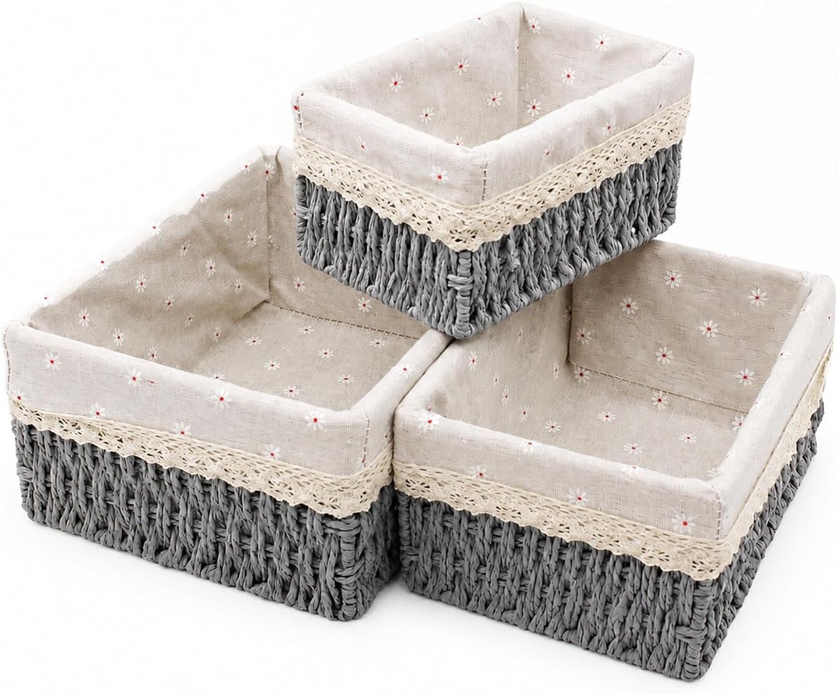 3 Stuks Geweven Opbergmanden Gevoerd, Geweven Bohemien Decor Commode-Organizer, Bamboe Mand Opbergmanden Voor Badkamer, Slaapkamer, Woonkamer Als Opbergdecor，Grijs