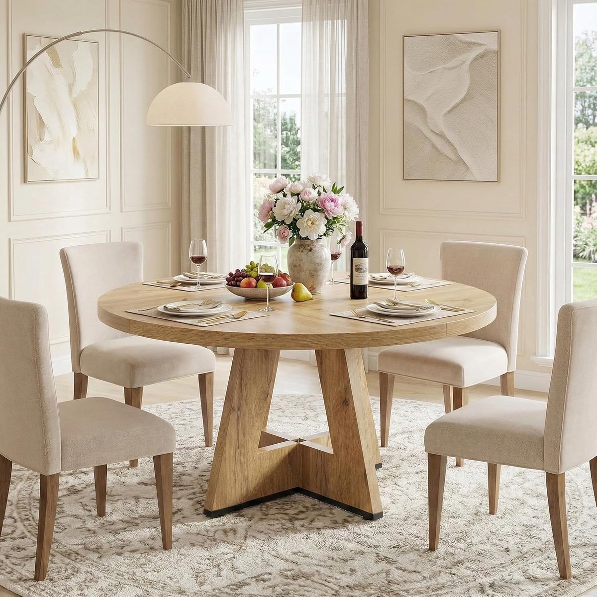 120cm Ronde Eettafel, Japandi Eetkamertafel, Modern Kitchen Dining Table, Houten Eettafel, Dining Table For 4 Person, Rustic Dining Room Table, 120 x 120 x 75 cm, Burlywood