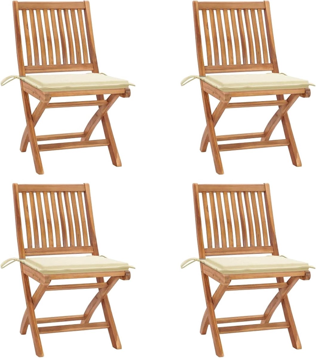 4 x inklapbare tuinstoel met kussen, klapstoel, houten stoel, balkonstoel, terrasstoel, tuinmeubelen, zonder armleuningen, eetstoel teak massief