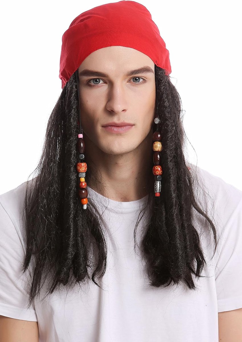 Pruik & Bandana Hoofddoek Dames Heren Carnaval Halloween Lange Zwarte Kralen Piraat Vrouwelijke Piraat Zee Rover Rasta