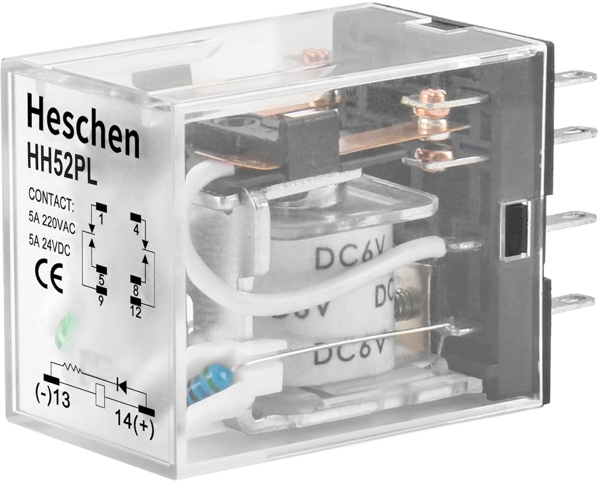 Power relais HH52P-L - 6 VDC spoel - 5 A 240 VAC/28 VDC DPDT - 8-polige aansluitingen - LED indicator