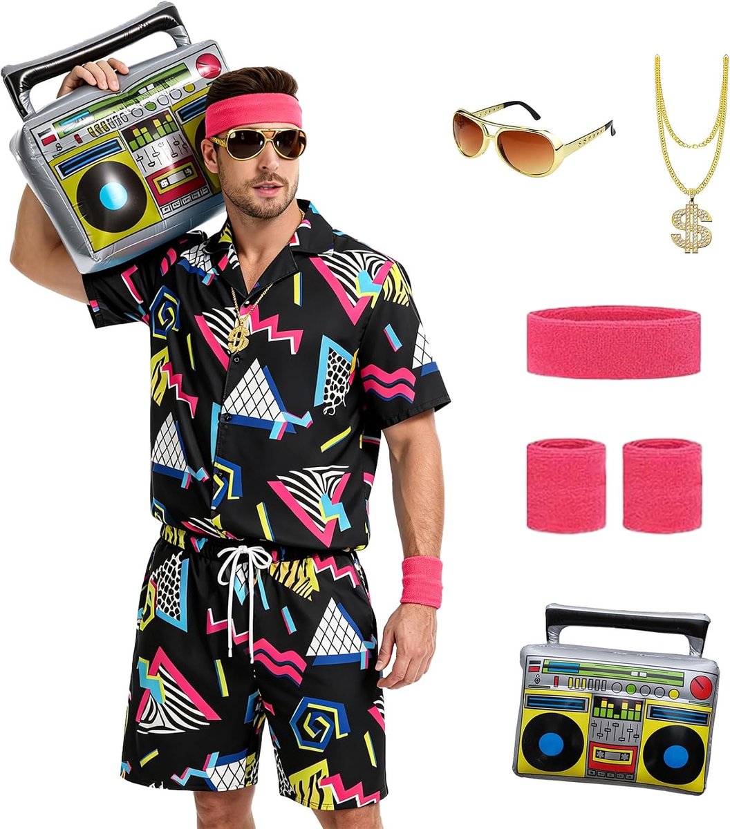 80 en 90 verkleedkleding voor heren, jaren 80 outfits - jas en shorts met korte mouwen - kostuum voor Halloween, carnaval en retrofeesten