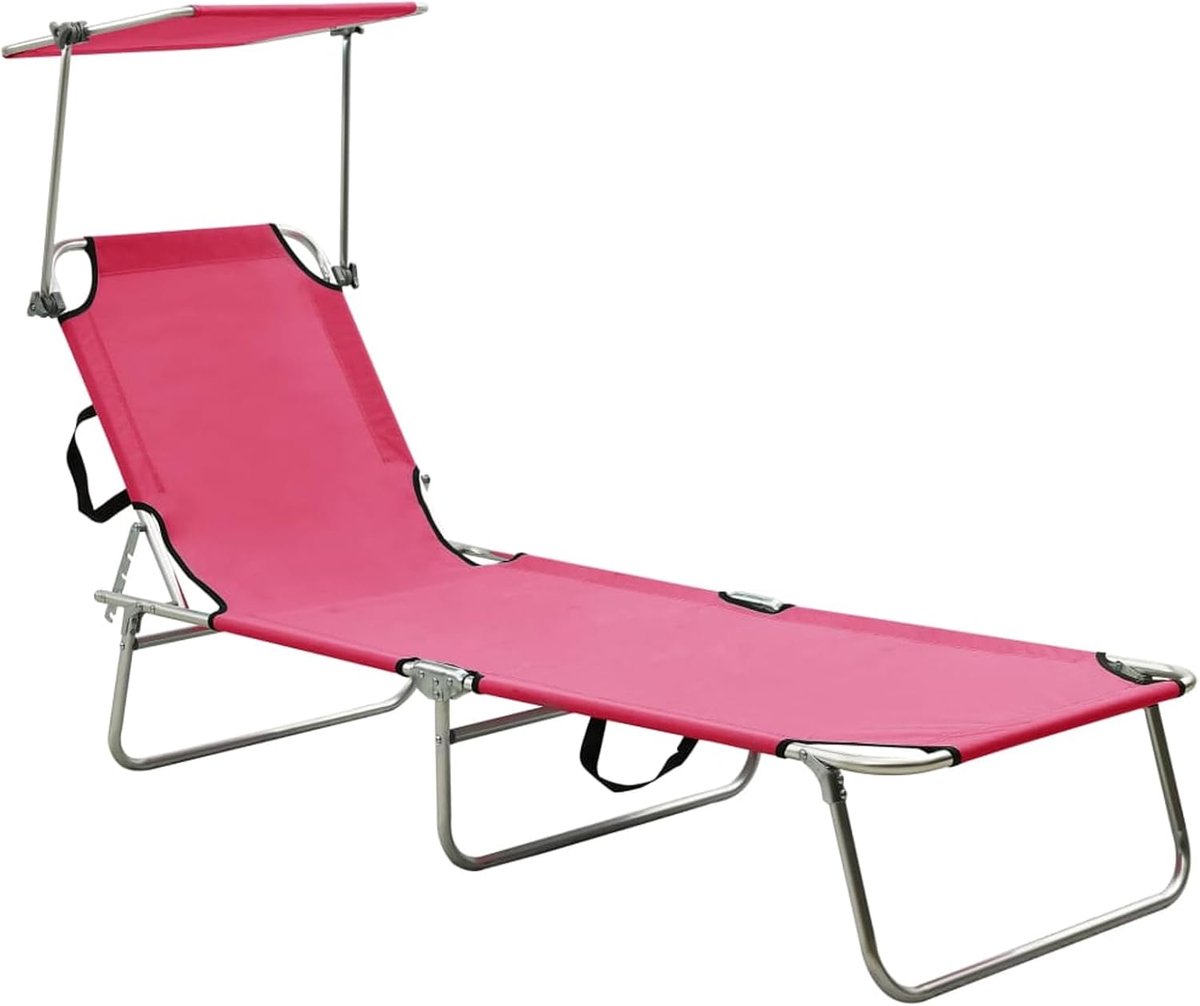 Inklapbare ligstoel met dak, staal, outdoor, tuinligstoel, ligstoel, vrijetijdsligstoel, relaxstoel, strandstoel, tuinmeubelen, verstelbare rugleuning en zonnedak, magento roze