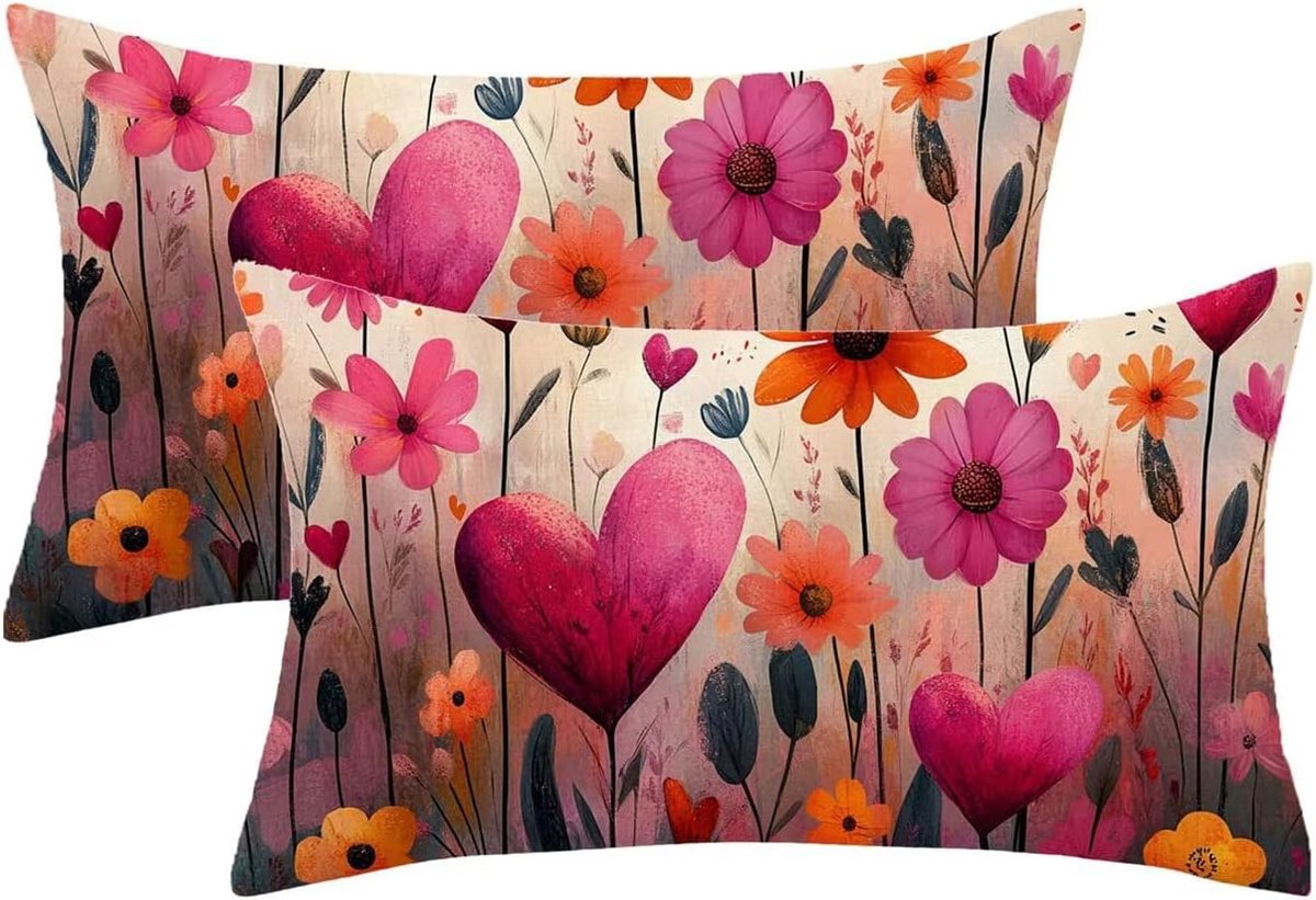 Kussenhoezen voor buiten, waterdicht, roze, bankkussen, 50 x 70 cm, bloemenpatroon, linnen, met verborgen ritssluiting, voor buiten, tuin, decoratie, cadeau voor dames model 1045