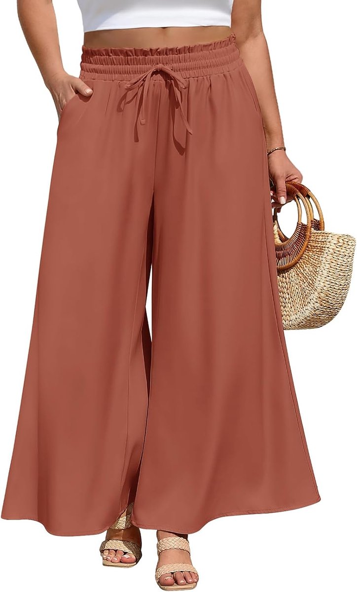Zomerbroek voor dames, licht, grote maten, wijde pijpen, elastisch, hoge taille, vrijetijdsbroek, lang, elegant, palazzo broek, comfortabele baggy stoffen broek met zakken en trekkoord