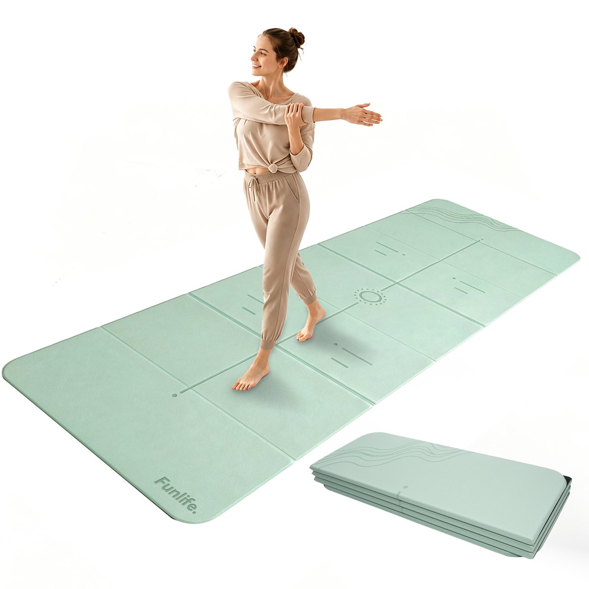 FunLife Sage Flow 7-Delige Opvouwbare Yogamat 190 × 66 cm – 10 mm Dik – Fitnessmat voor Yoga, Pilates en Stretching – Saliegroen