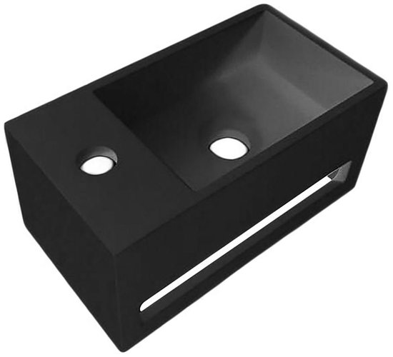 Zwarte solid surface wastafel met handdoekhouder. Kraangat links, twee ronde gaten.